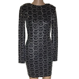 NEW PHILIPP PLEIN Women's Dress Mini Long Sleeve Monogram Size S Black